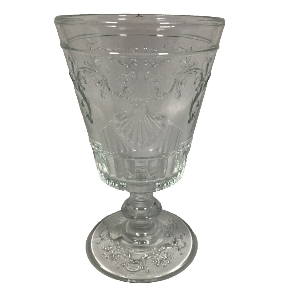 Vintage Style Clear Embossed Shell Scroll Glass Goblet Water Wine Chalice 6.5in
